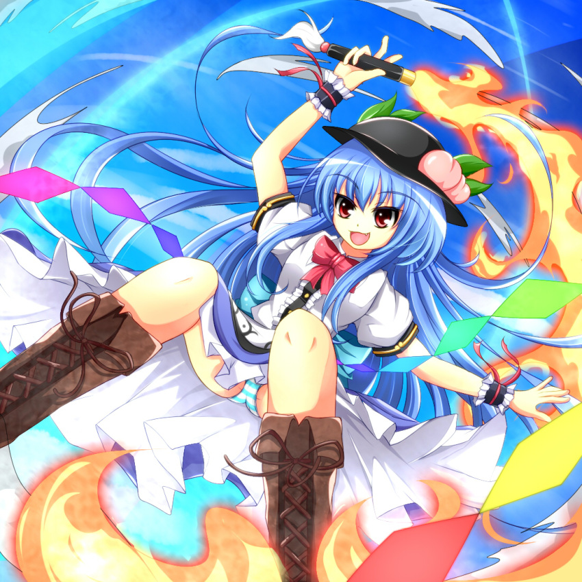 blue_hair, bow, cross-laced_footwear, fang, food, frills, fruit, hat