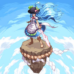 blue_hair, bow, cloud, clouds, flying, food, frills, fruit