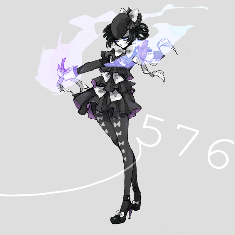 black_hair, black_legwear, bobob, bow, female, frills, gloves, gothic_lolita, gothitelle, hat, hat_bow, high_heels, lolita_fashion, magic, multiple_braids, nintendo, pale_skin, pantyhose, personification, pokemon, purple_eyes, ribbon, shoes, simple_background, solo, thighhighs, violet_eyes, wrist_cuffs