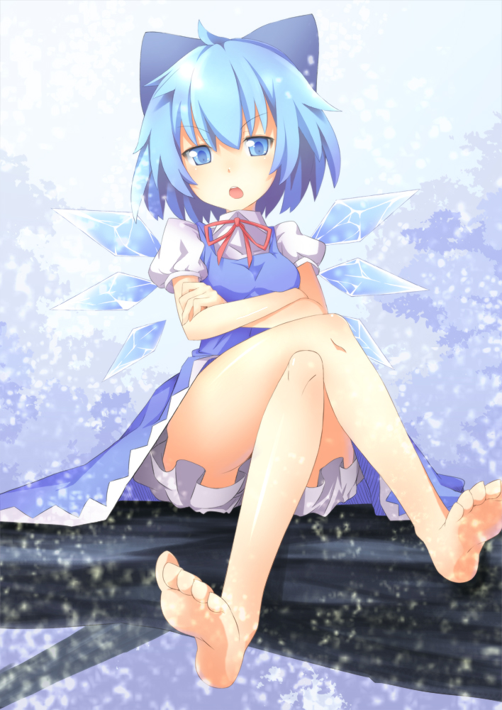 bare_legs, barefoot, bloomers, blue_eyes, blue_hair, bow, breasts, chonbo_(artist), cirno, crossed_arms, crossed_legs, feet, hair_bow, in_tree, open_mouth, ribbon, sitting, sitting_in_tree, snowing, soles, touhou, tree, wings