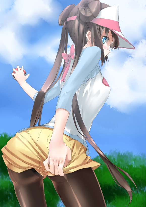 ass, blue_eyes, blush, brown_hair, brown_legwear, female_protagonist_(pokemon_bw2), hat, kyougoku_touya