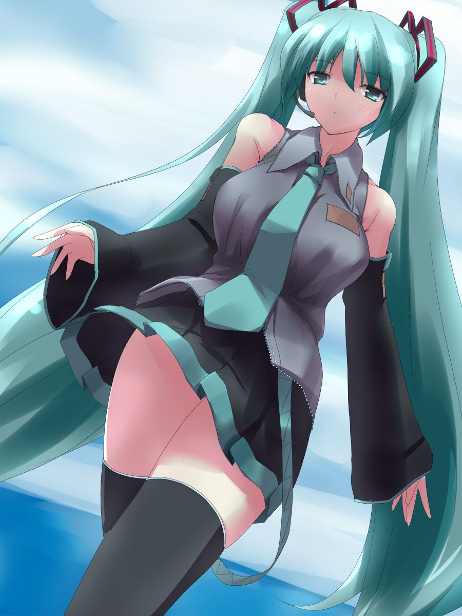 aqua_eyes, aqua_hair, detached_sleeves, hatsune_miku, headset, highres, long_hair, namamo
