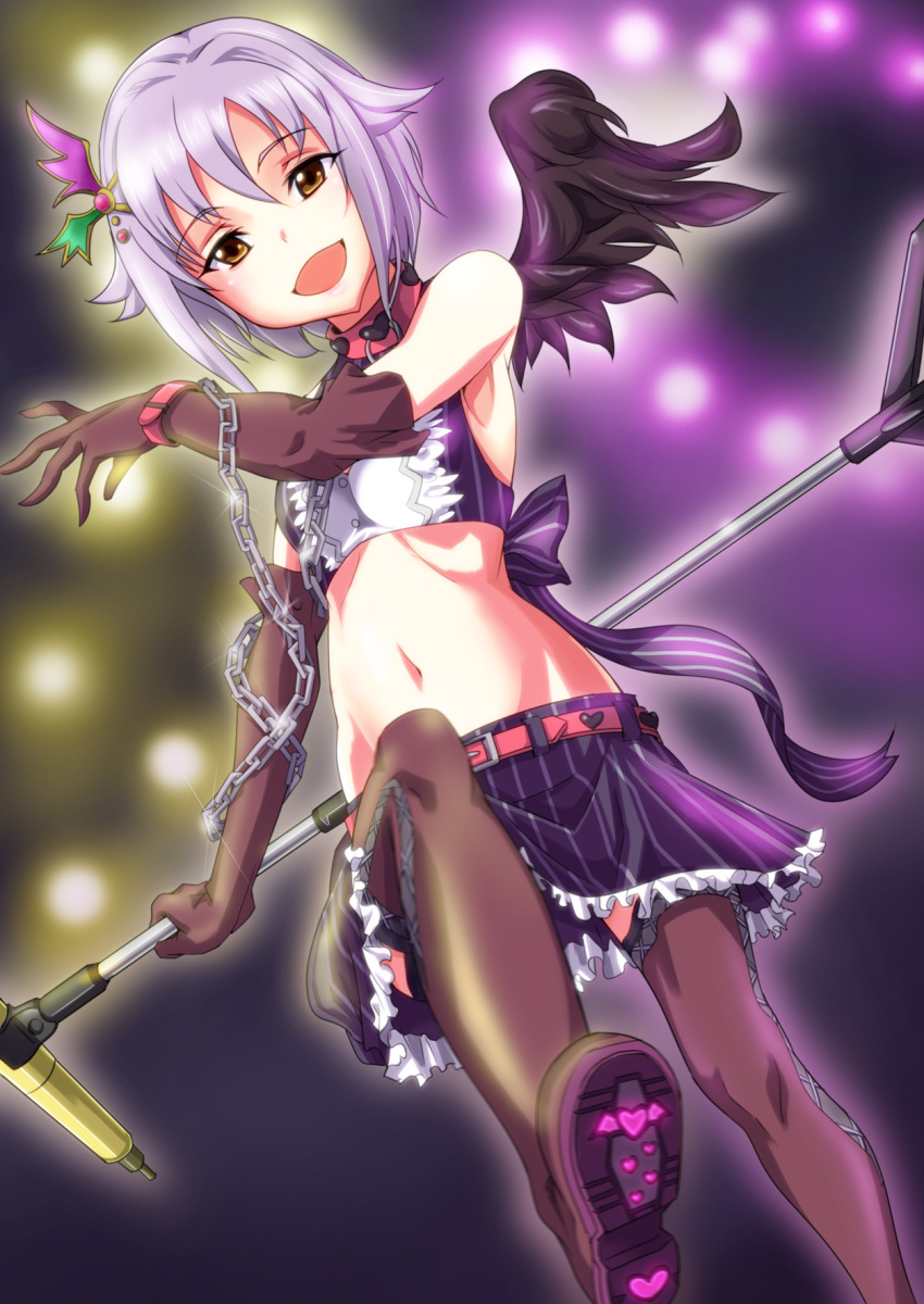 bdsm, black_legwear, bondage, brown_eyes, chain, chains, collar, cuffs, elbow_gloves, gloves, grey_hair, hair_ornament, hairclip, highres, idolmaster, idolmaster_cinderella_girls, koshimizu_sachiko, lyrical_denko, microphone, midriff, navel, open_mouth, purple_hair, short_hair, skirt, slave, thigh-highs, thighhighs, wings