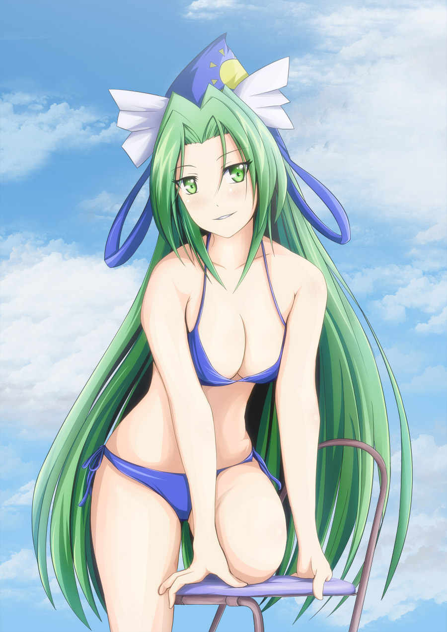 bikini, blush, breasts, chair, cleavage, green_eyes, green_hair, grin