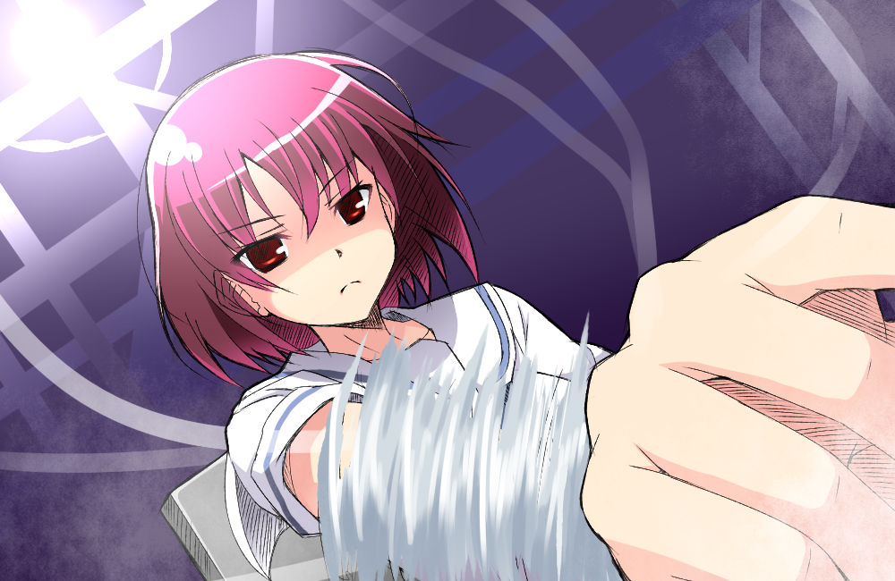 artist_request, frown, miyanaga_teru, red_eyes, red_hair, redhead, saki, school_uniform, short_hair, solo, tamane, whirlwind