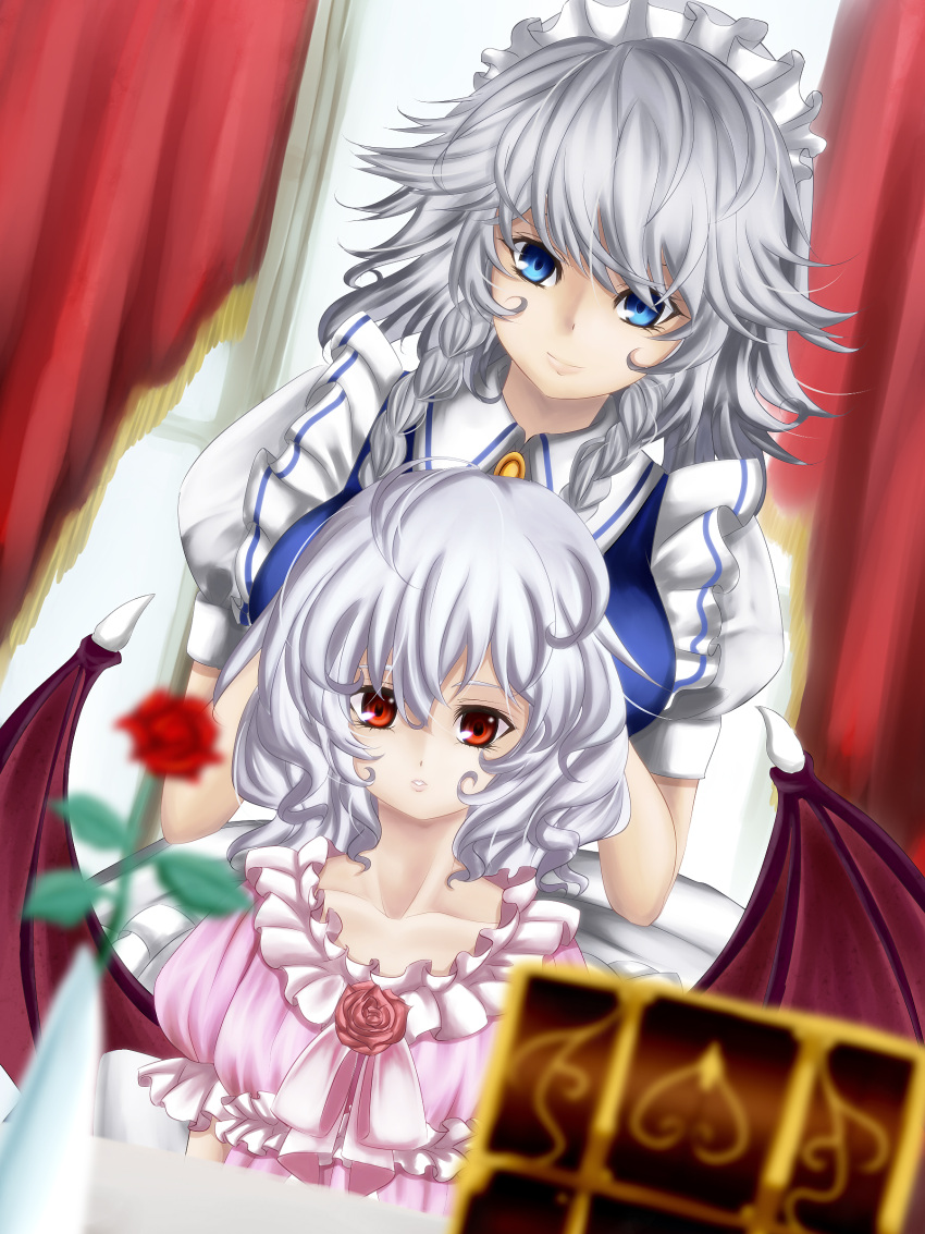 absurdres, blue_eyes, braid, collarbone, curtains, demon_wings, flower, frills