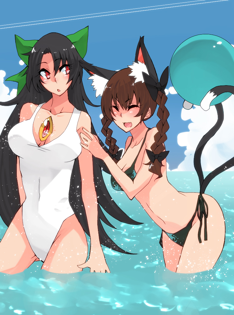 :o, alternate_hair_color, animal_ears, ball, bikini, black_hair, blush, bow