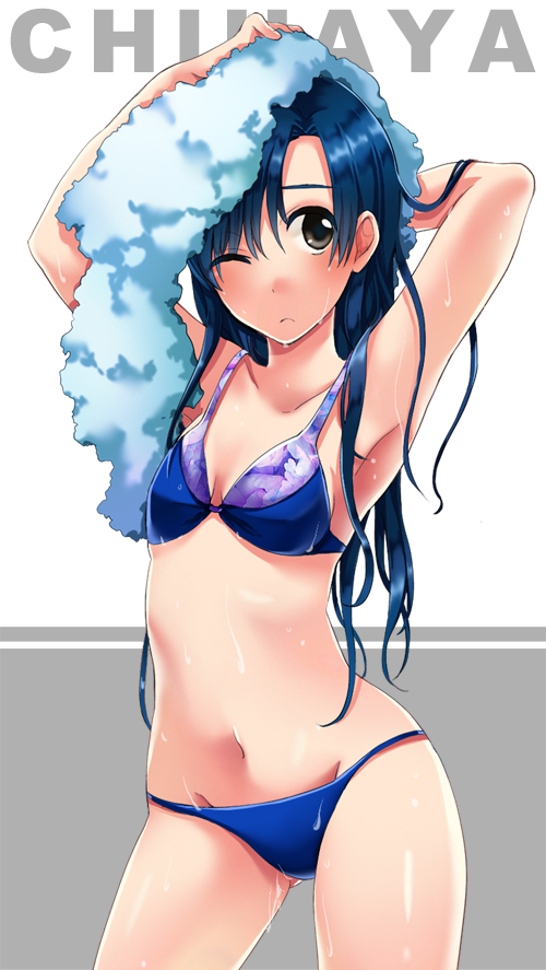 arms_up, arpits, bikini, black_hair, idolmaster, kisaragi_chihaya, long_hair, mound_of_venus