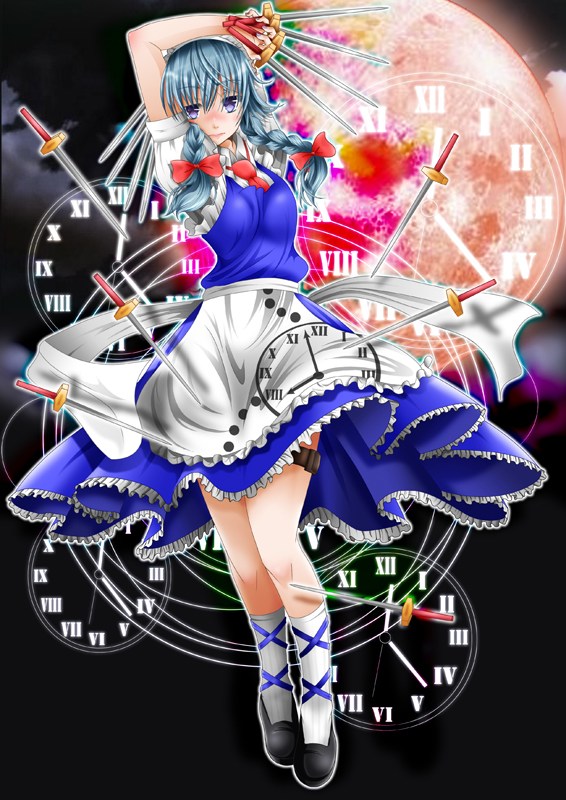 apron, arm_behind_head, arm_on_head, between_fingers, bow, braid, clock, cloud