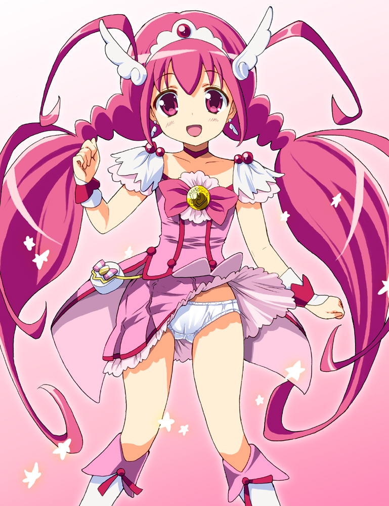 antenna_hair, boots, choker, cure_happy, dress, earrings, gradient, gradient_background, head_wings, homing_(areya), hoshizora_miyuki, jewelry, long_hair, magical_girl, panties, pink, pink_background, pink_dress, pink_eyes, pink_hair, precure, skirt, skirt_lift, smile, smile_precure!, solo, tiara, twintails, underwear, white_background, white_panties, wrist_cuffs