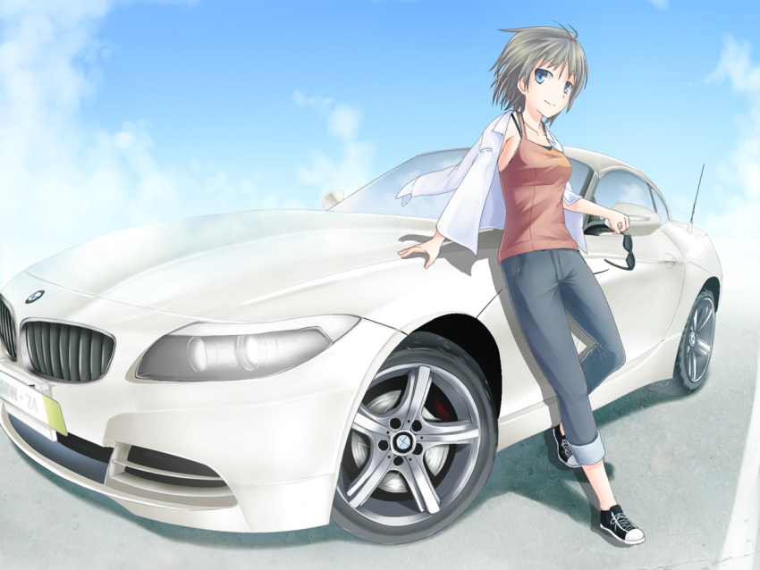 arm_support, blue_eyes, bmw, bmw_z4, car, cloud, clouds, collarbone