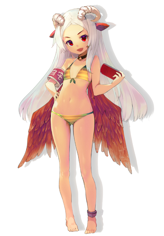 :d, armband, barefoot, bikini, choker, demon_girl, fang, hand_on_hip, handheld, hips, horns, long_hair, looking_at_viewer, navel, open_mouth, original, red_eyes, shirabi_(life-is-free), simple_background, smile, solo, striped, striped_bikini, striped_swimsuit, succubus, swimsuit, white_background, white_hair, wings