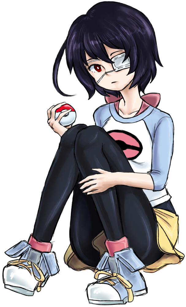 ahoge, another, black_hair, bow, cosplay, drawfag, eyepatch, female_protagonist_(pokemon_bw2), female_protagonist_(pokemon_bw2)_(cosplay), knees_together_feet_apart, mei_(pokemon), mei_(pokemon)_(cosplay), misaki_mei, namesake, pantyhose, pltrgst, poke_ball, pokemon, pokemon_(game), pokemon_bw2, raglan_sleeves, red_eyes, shoes, short_hair, shorts, skirt, sneakers, socks, solo