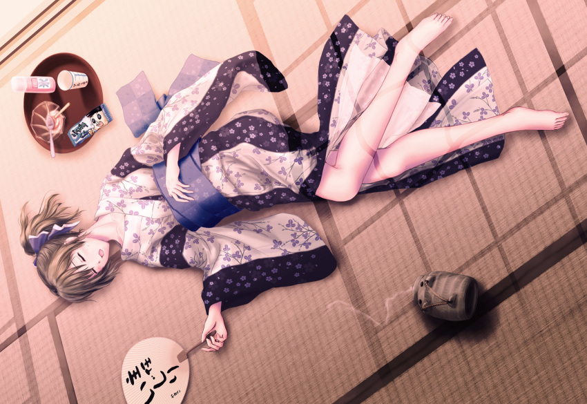 brown_hair, closed_eyes, eyes_closed, fan, hakuisei_ren'ai_shoukougun, hakuisei_renai_shoukougun, japanese_clothes, katori_buta, kimono, ntake_toukasaien, open_mouth, paper_fan, ponytail, sleeping, smoke, solo, spill, spoon, tatami, tray, uchiwa, yamanouchi_yasuko, yukata