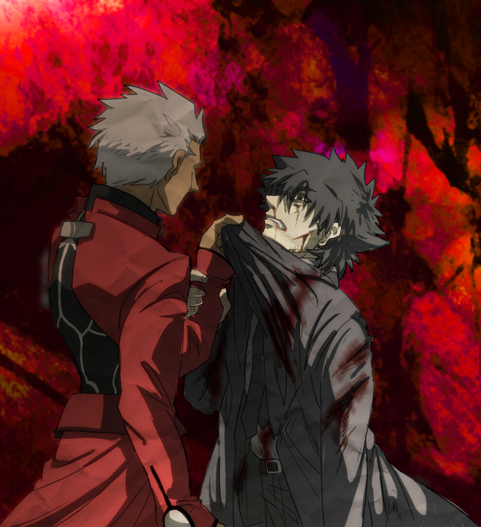 archer, black_eyes, black_hair, blood, blood_on_face, collar_grab, dark_skin, emiya_kiritsugu