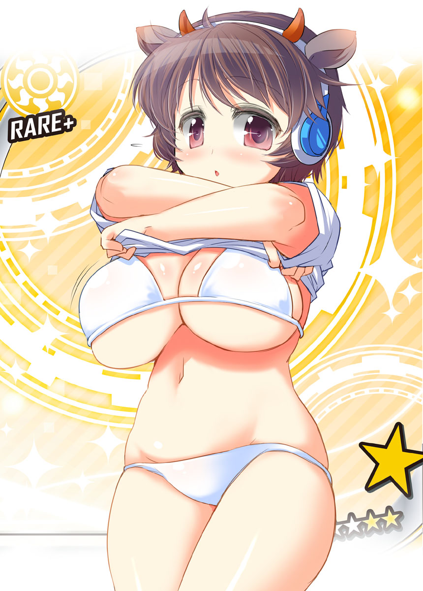 animal_ears, bikini, breasts, brown_eyes, brown_hair, cow_ears, fujiyama_takashi, headphones