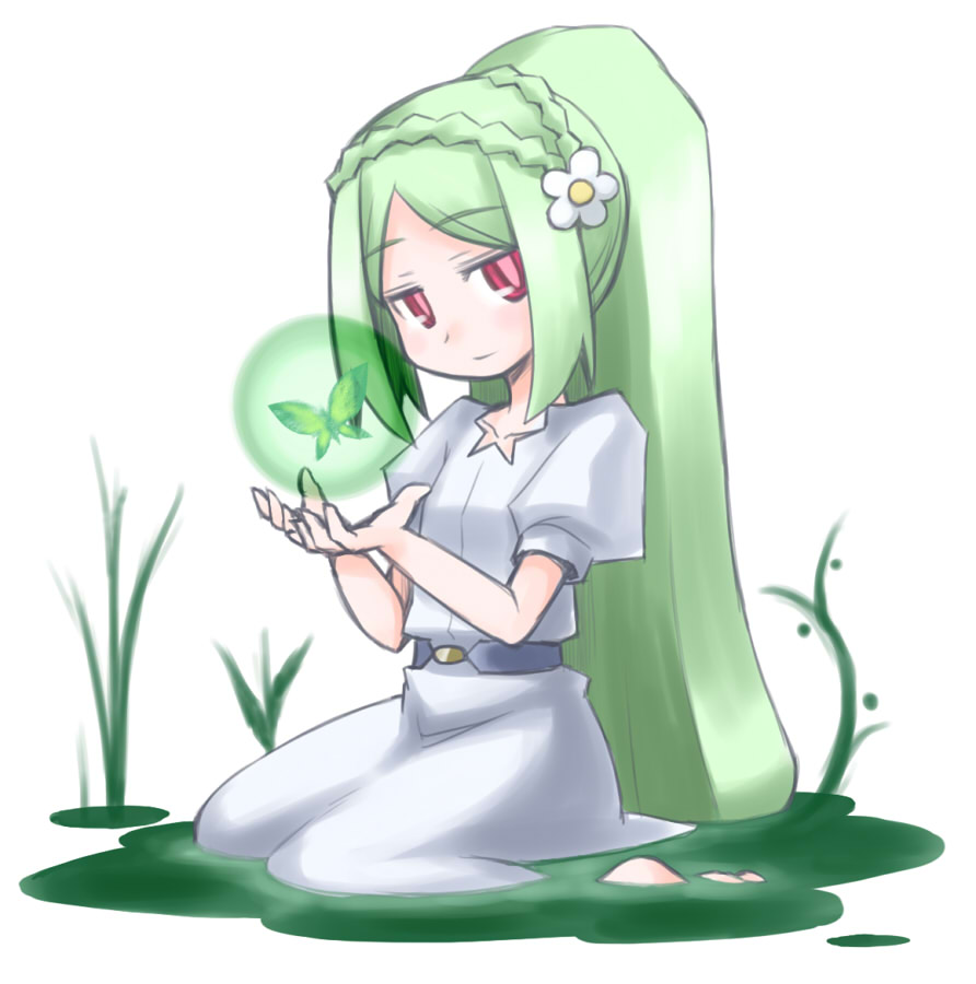 battle_spirits, butterfly, green_hair, kugelschreiber, long_hair, momose_kajitsu, red_eyes, sitting