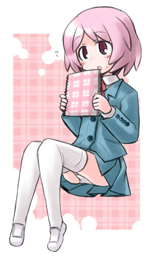 blush, hanamaki_miku, hokenshitsu_no_shinigami, kugelschreiber, panties, pantyshot, pantyshot_(sitting), pantyshot_sitting