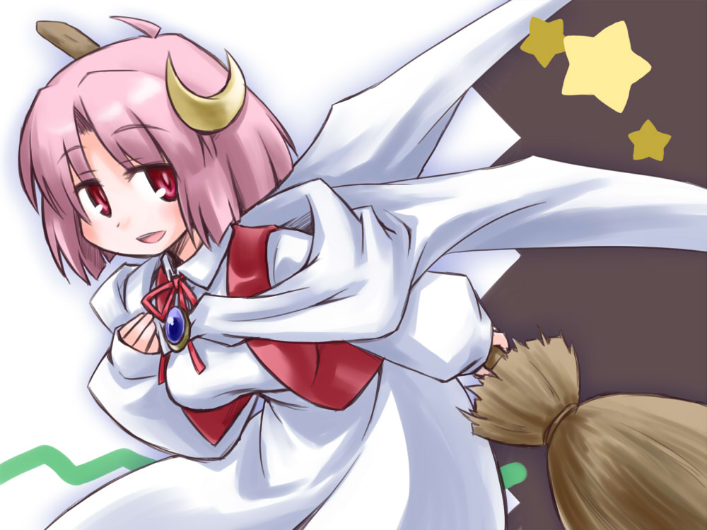 alice_soft, alicesoft, blush, broom, crescent, cyarott, kaerunyo_panyon, kugelschreiber, looking_at_viewer, open_mouth, pink_eyes, pink_hair, short_hair, solo
