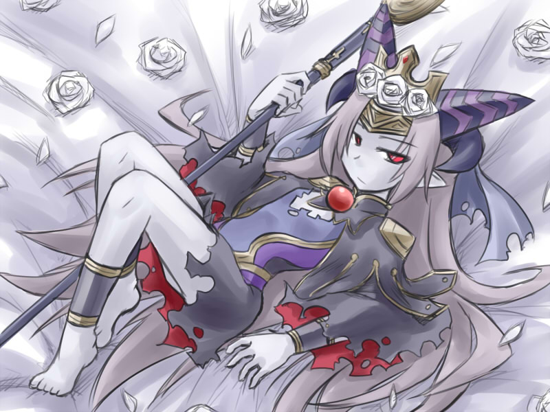 horns, kugelschreiber, lying, on_back, pointy_ears, red_eyes, rose, shinrabanshou