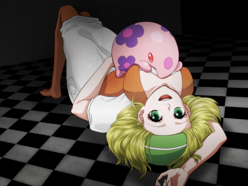 1girl, between_breasts, bianca_(pokemon), blonde_hair, breasts, checkered, checkered_floor, chizuonnu, cleavage, gen_5_pokemon, green_eyes, hat, large_breasts, lying, munna, on_back, open_mouth, pantyhose, pokemon, pokemon_(creature), pokemon_(game), pokemon_between_breasts, pokemon_bw, short_hair, skirt, smile, white_skirt