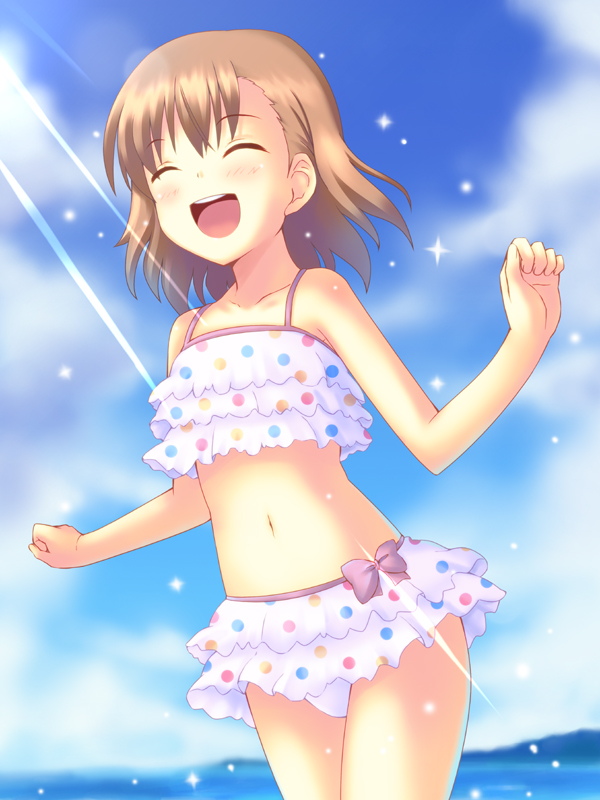beach, bikini, blush, brown_hair, closed_eyes, frilled_bikini, frilled_swimsuit, frills, happy, misaka_mikoto, navel, ocean, open_mouth, polka_dot, polka_dot_swimsuit, sea_spray, shiwasu_gatsu, short_hair, solo, sunbeam, sunlight, swimsuit, tankini, to_aru_kagaku_no_railgun, to_aru_majutsu_no_index, water