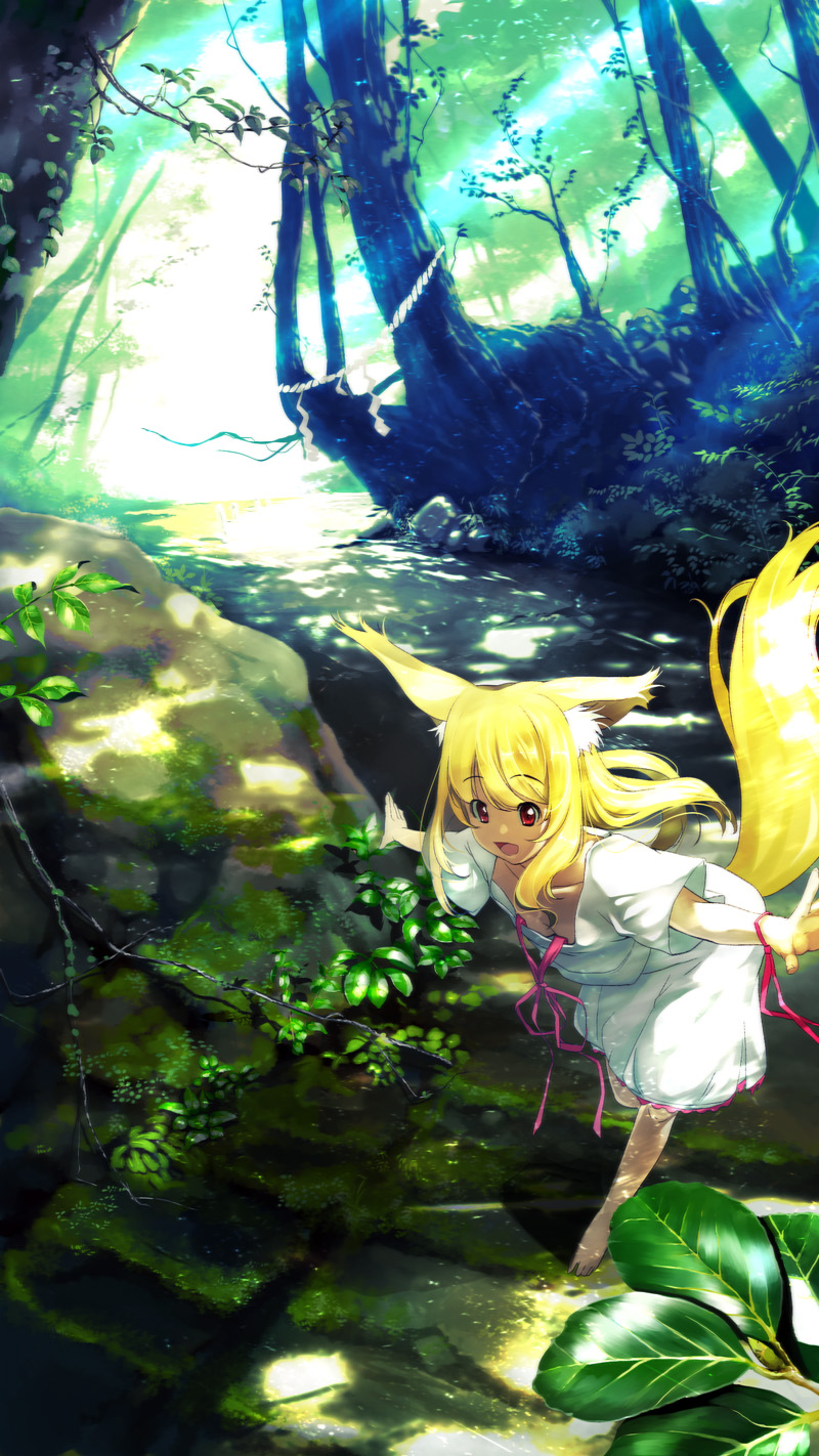 :d, animal_ears, barefoot, blonde_hair, bu-n, down_blouse, dress, forest