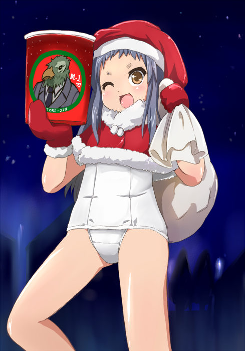 bucket, capelet, grey_hair, hat, long_hair, mittens, night, one-piece_swimsuit, original, sack, santa_hat, school_swimsuit, solo, swimsuit, white_school_swimsuit, wink, yunoyama_yukata