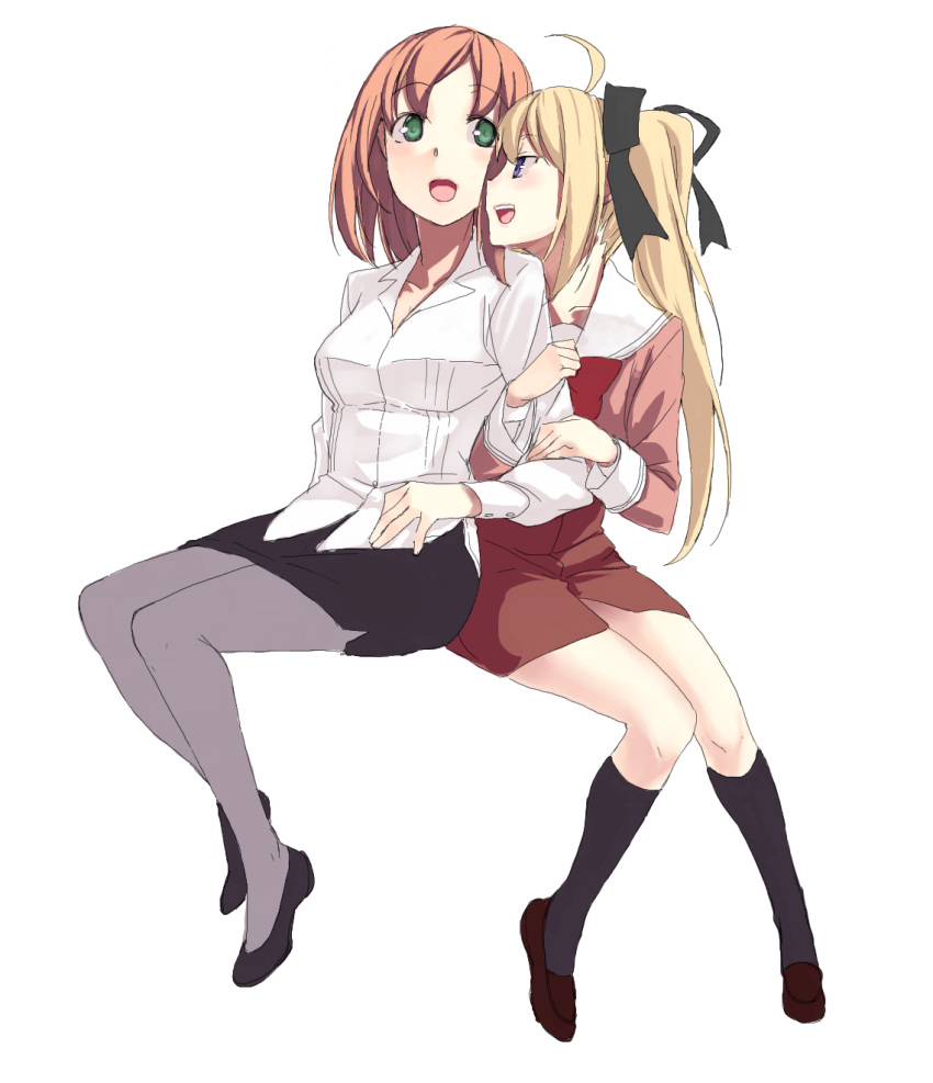 ahoge, arm_hug, black_legwear, black_ribbon, blonde_hair, blue_eyes, blush, brown_hair