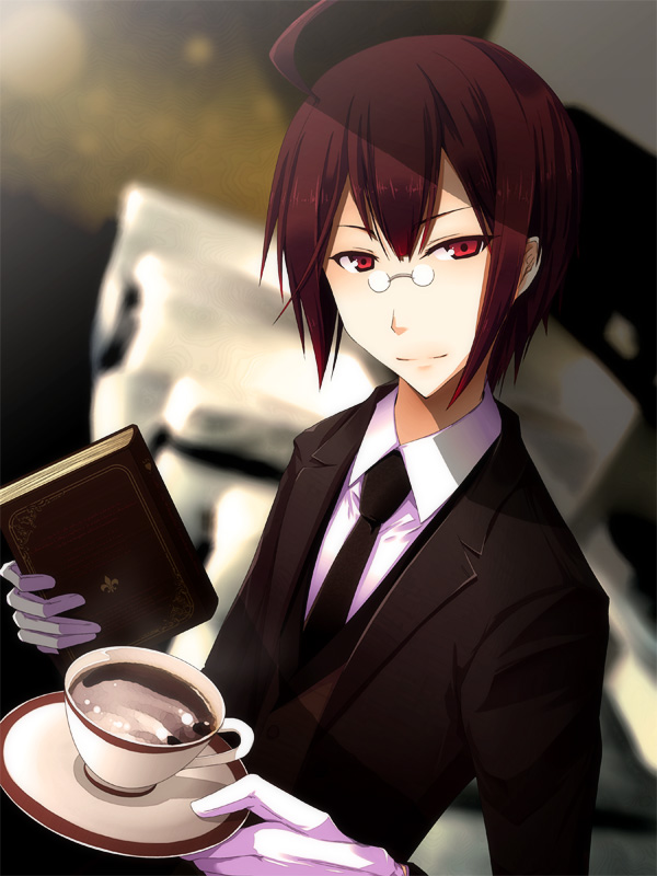 book, brown_hair, cup, glasses, gloves, holding, koumei_(artist), looking_at_viewer, male, necktie, original, plate, red_eyes, solo, teacup, white_gloves