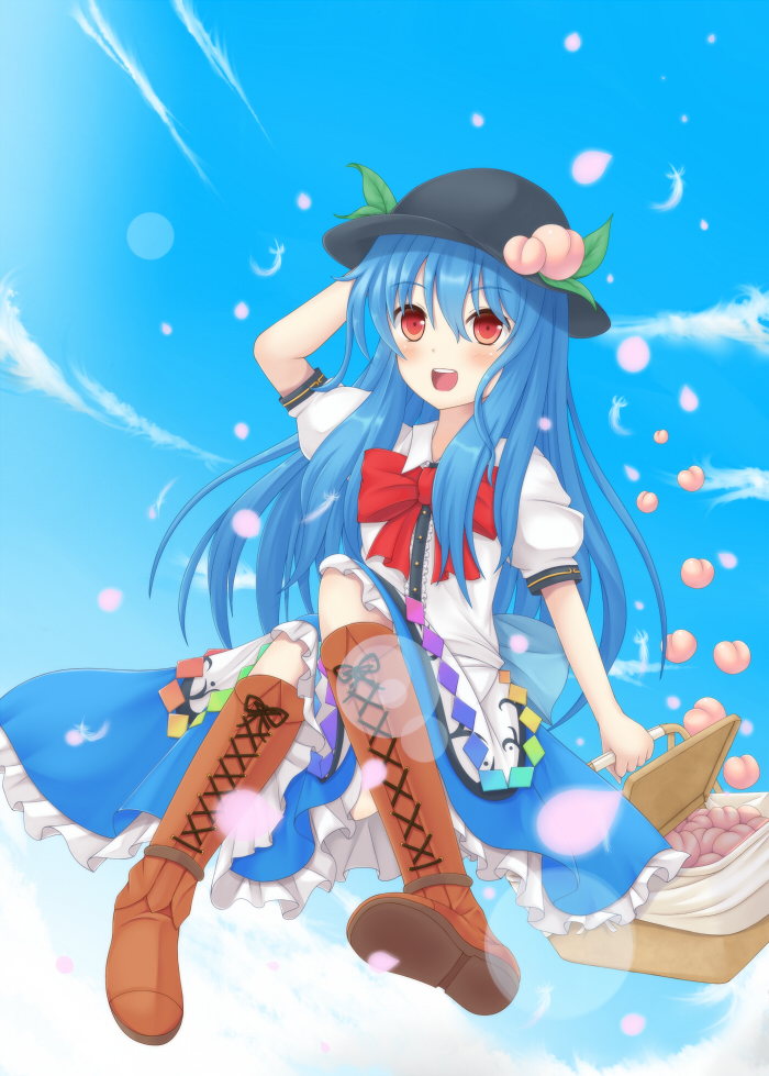 basket, blue_hair, blush, bow, cloud, clouds, cross-laced_footwear, flying