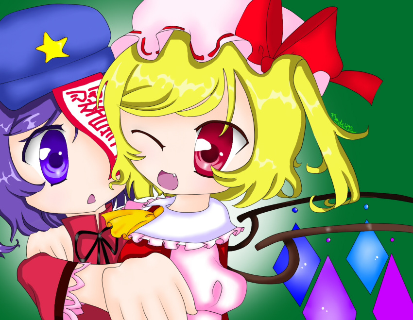 2girls, blonde_hair, blue_hair, flandre495(artist), flandre_scarlet, geung_si, green, jiangshi, miyako_yoshika, pink_eyes, red_eyes, side_ponytail, touhou, violet_eyes, wings, wink, yuri, zombie, zombie_pose