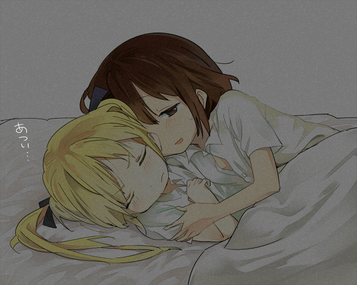 bad_id, bed, blonde_hair, brown_eyes, brown_hair, closed_eyes, girl_on_top, hug