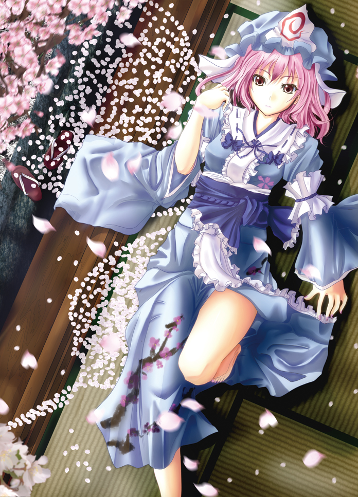 cherry_blossoms, hat, japanese_clothes, oimari, pink_hair, red_eyes, saigyouji_yuyuko, short_hair