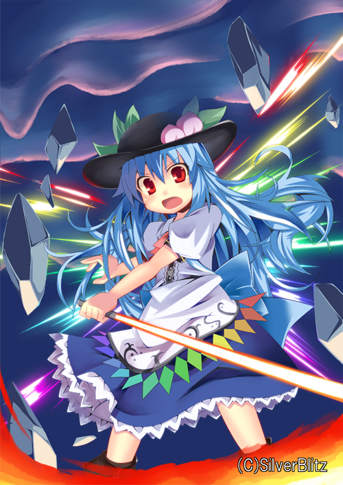 blue_hair, blush, food, frills, fruit, hat, hinanawi_tenshi, leaf