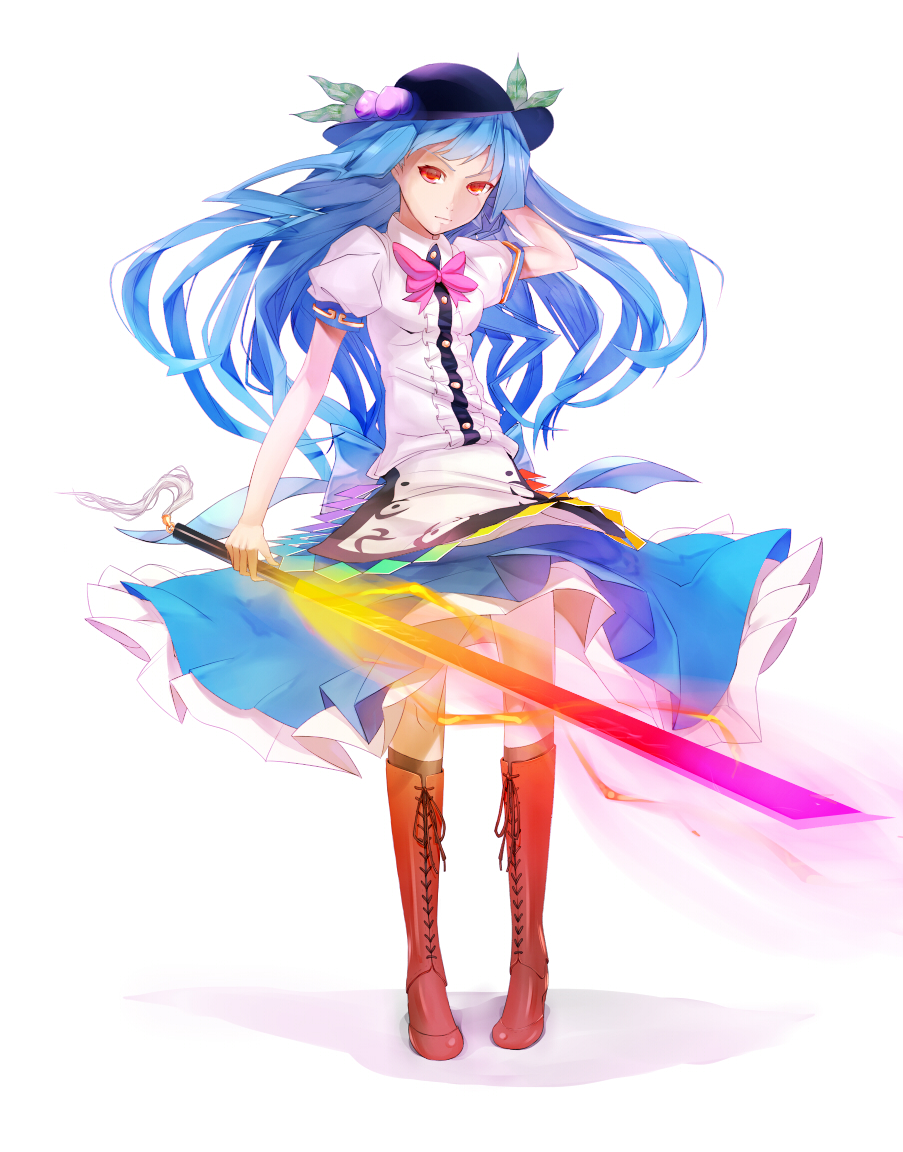blue_hair, bow, cross-laced_footwear, food, frills, fruit, hat, hinanawi_tenshi
