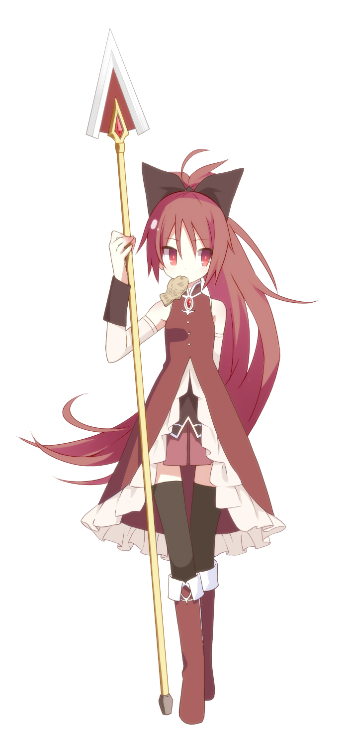 ahoge, bare_shoulders, black_legwear, boots, detached_sleeves, food, full_body, highres, knee_boots, long_hair, mahou_shoujo_madoka_magica, mitsusaka_mitsumi, mouth_hold, polearm, red_eyes, red_hair, redhead, sakura_kyouko, simple_background, solo, spear, standing, taiyaki, thigh-highs, thighhighs, tsurime, very_long_hair, wagashi, weapon, white_background, zettai_ryouiki