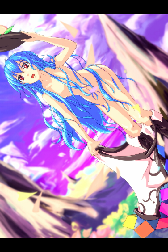 bare_shoulders, blue_hair, censor_hair, cloud, clouds, collarbone, cross-laced_footwear, flat_chest