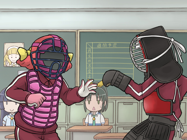 :>, another, aoki_reika, blonde_hair, blue_hair, bougu, bow, classroom