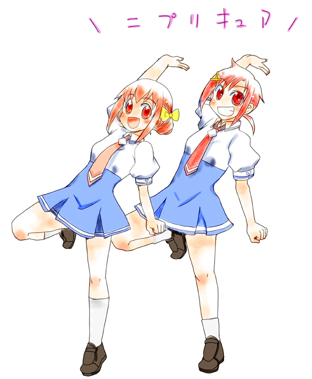 drill_hair, grin, hair_ornament, hairclip, hino_akane, hoshizora_miyuki, multiple_girls, open_mouth, pink_eyes, pink_hair, ponytail, pose, precure, red_eyes, red_hair, redhead, school_uniform, simple_background, smile, smile_precure!, translated, twin_drills, white_background, yuuseihonnpo