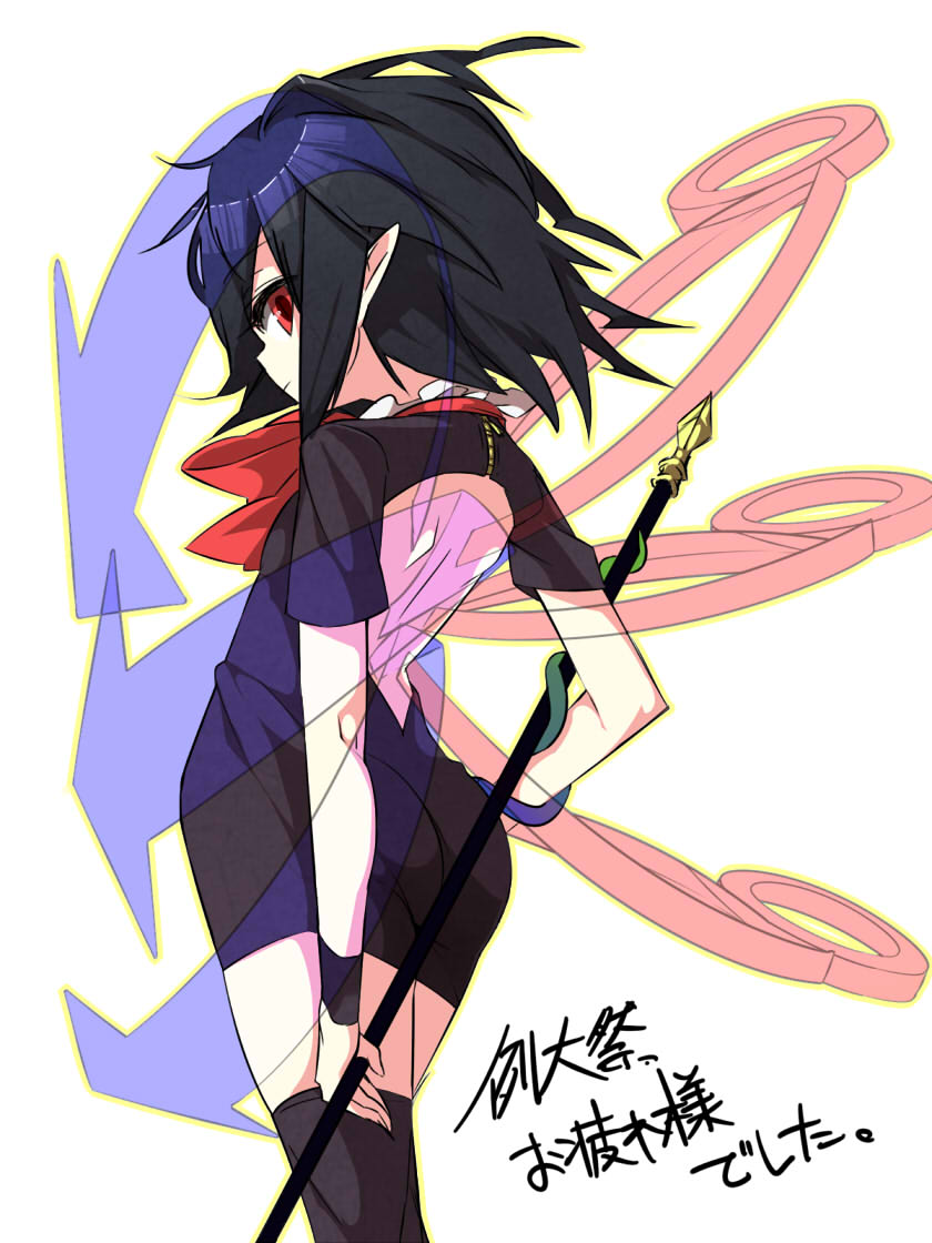 ass, asymmetrical_wings, bare_back, black_hair, black_legwear, convention_greeting, cowboy_shot, dress