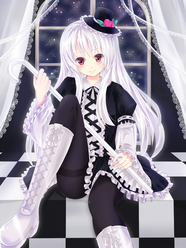 alternate_costume, alternate_hair_color, black_legwear, blush, cane, cross-laced_footwear, food, frills