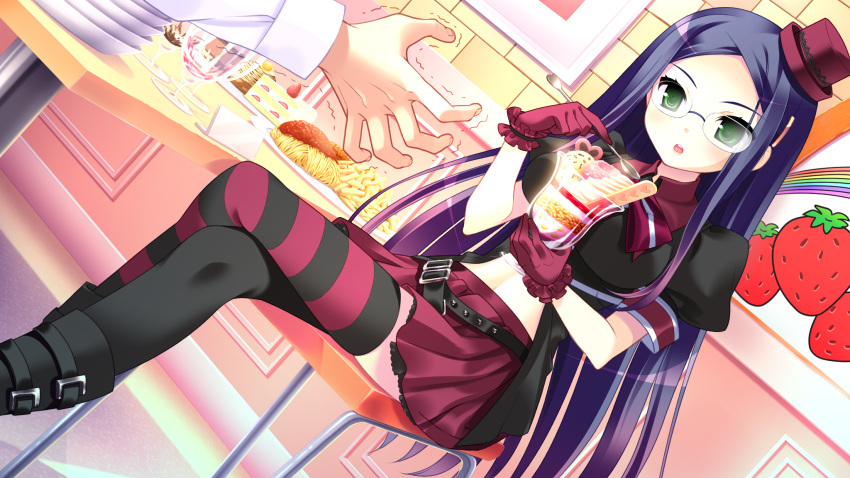 1girl, blue_hair, cake, crossed_legs, dutch_angle, food, french_fries, game_cg