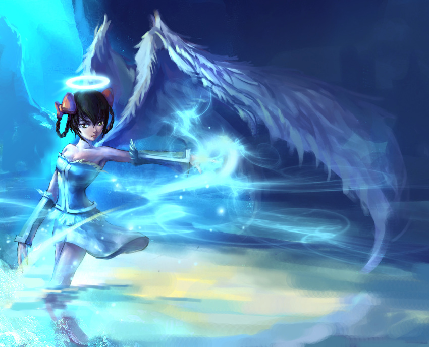 angel_wings, ayukawa_tenri, bare_shoulders, black_hair, bow, detached_sleeves, diana_(kaminomi), dress