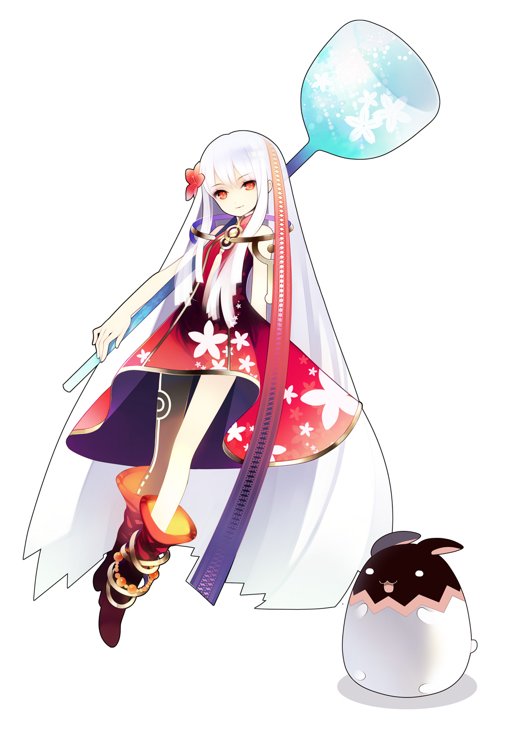 boots, dress, flower, hair_flower, hair_ornament, highres, hovering, long_hair