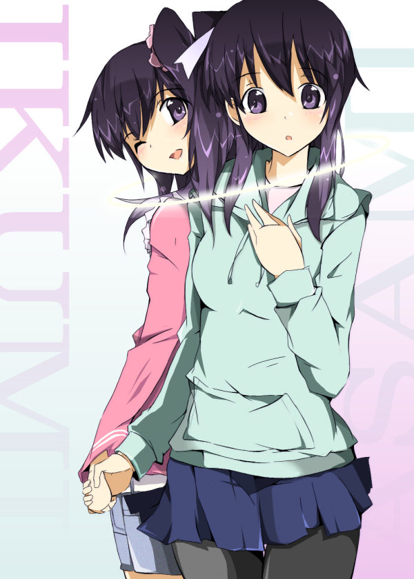 back-to-back, blush, holding, hoodie, kami_nomi_zo_shiru_sekai, long_hair, miniskirt, multiple_girls