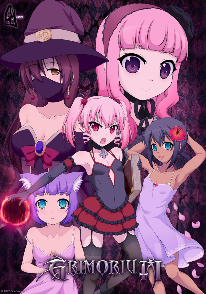 5girls, animal_ears, armpits, arms_behind_head, artist_request, bare_shoulders, black_hair, blue_eyes, breasts, brown_hair, cat_ears, character_request, choker, commentary, cover, dress, drill_hair, elbow_gloves, face_mask, fangs, flat_chest, ghettoyouth, gloves, grimorium, hair_bobbles, hair_ornament, hair_over_one_eye, hairband, hat, large_breasts, lilia_de_la_croix, long_hair, multiple_girls, off_shoulder, open_mouth, petals, pink_eyes, pink_hair, purple_eyes, purple_hair, skirt, smile, source_request, title_drop, twintails, violet_eyes, watermark, yellow_eyes