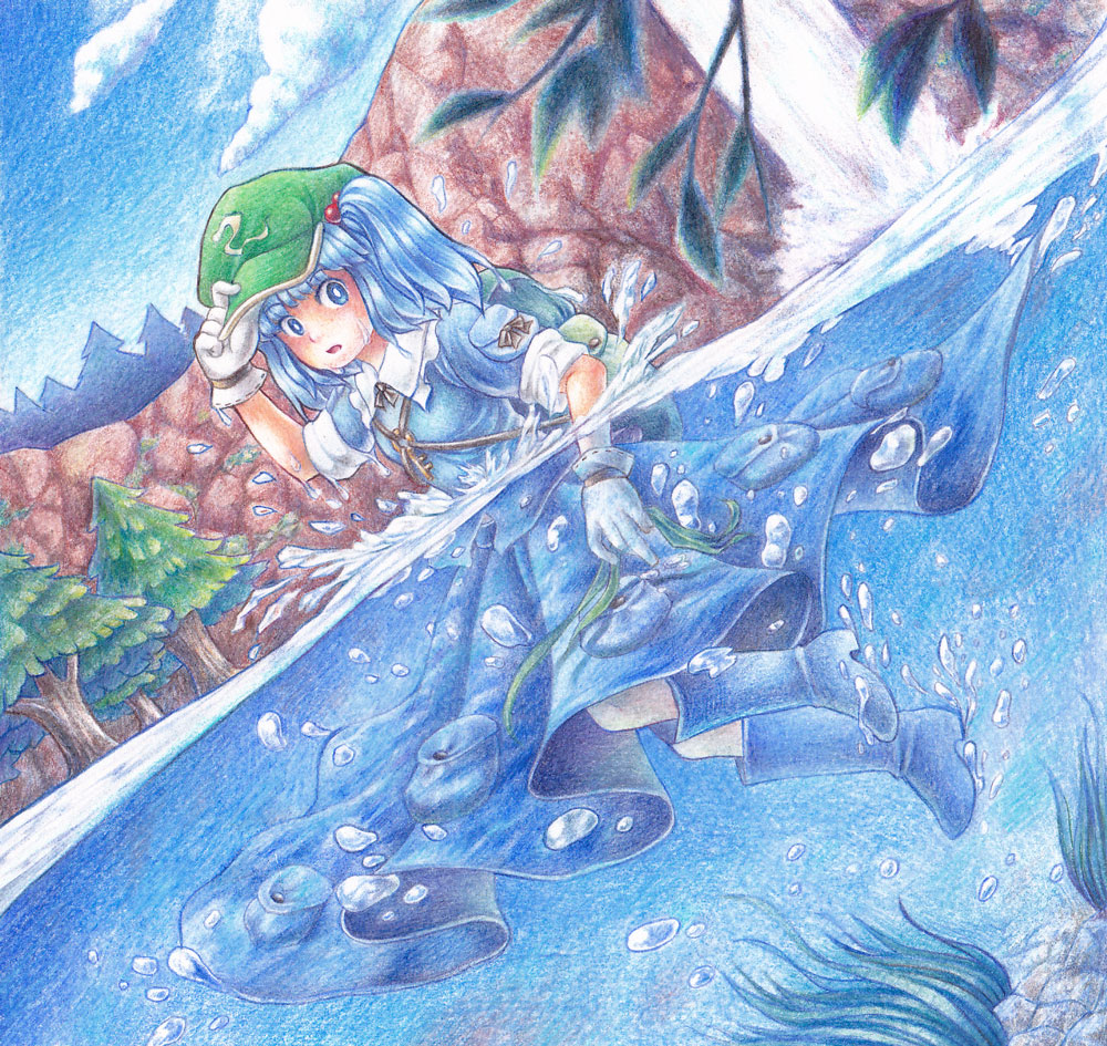 1girl, blue_eyes, blue_hair, bubble, colored_pencil_(medium), dress, dutch_angle, gloves