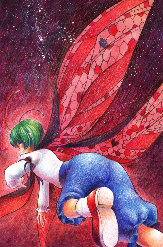 1girl, antennae, aqua_eyes, ass, cape, colored_pencil_(medium), graphite_(medium), green_hair