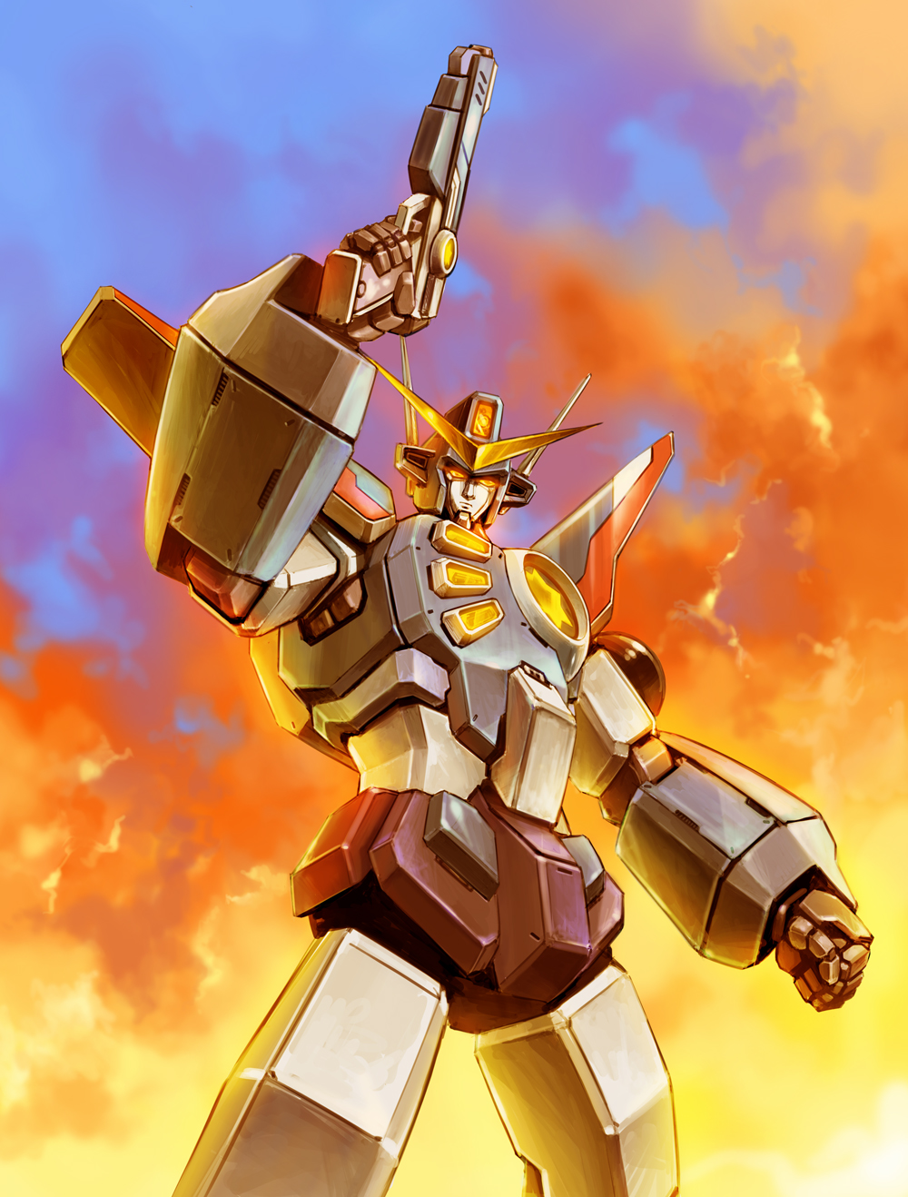 da-garn, densetsu_no_yuusha_da-garn, evening, gun, highres, mecha, no_humans, solo